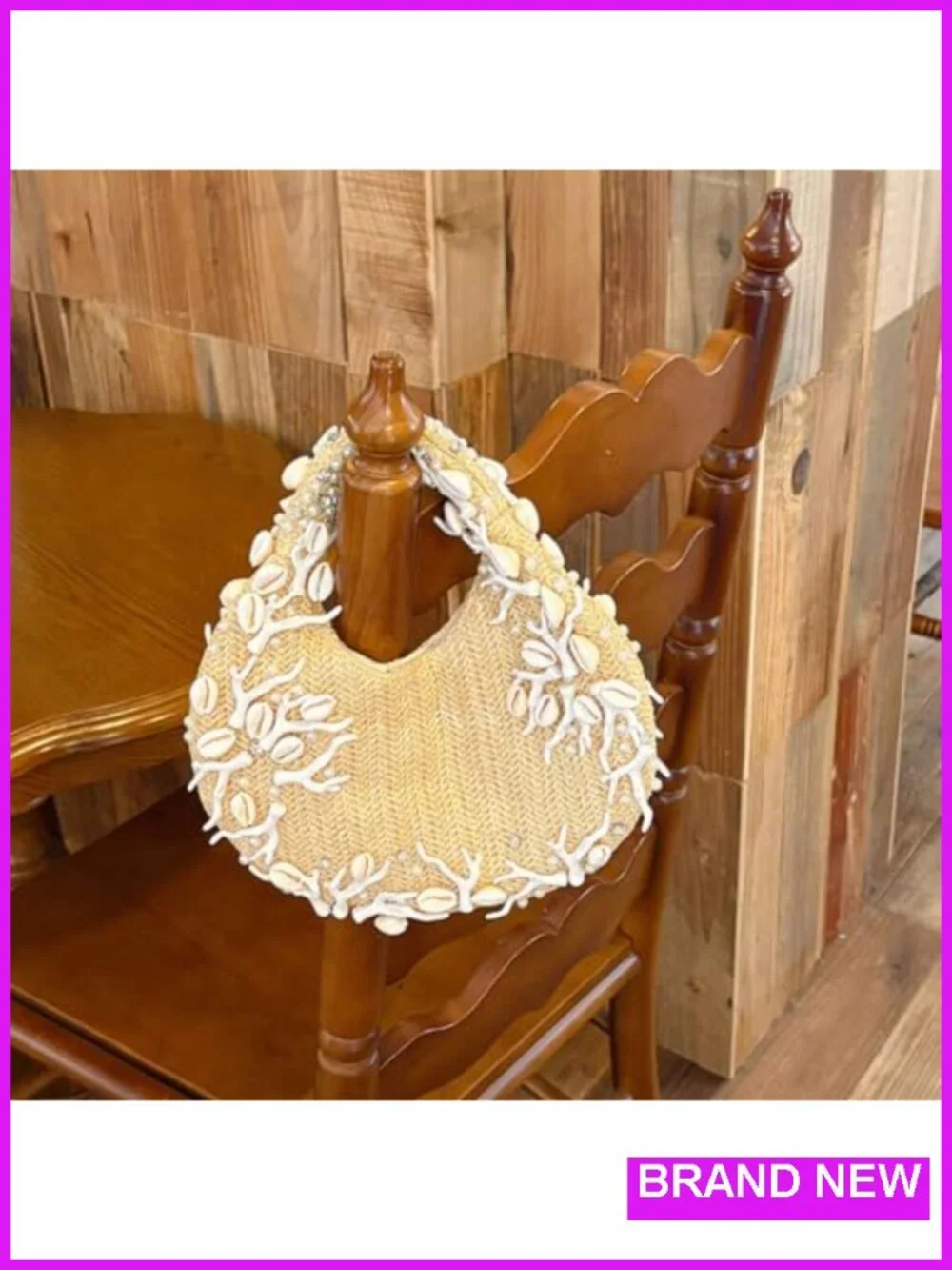 Shell Beaded Straw Clutch Purse Handwoven Evening Bag